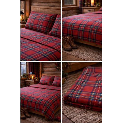 Set de draps Red Tartan Scottish - Ensemble de lit d’hiver 100 % coton naturel - chaud, respirant, fabriqué en Italie