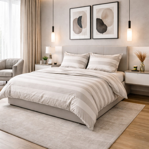 Copripiumino Rigato Francese Panna Tortora - 100% Cotone - Elegante, Made in Italy, Artigianale