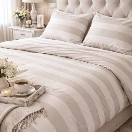 French Striped Duvet Cover Taupe Cream - 100% Cotton - Elegant, Made in Italy, Handcrafted