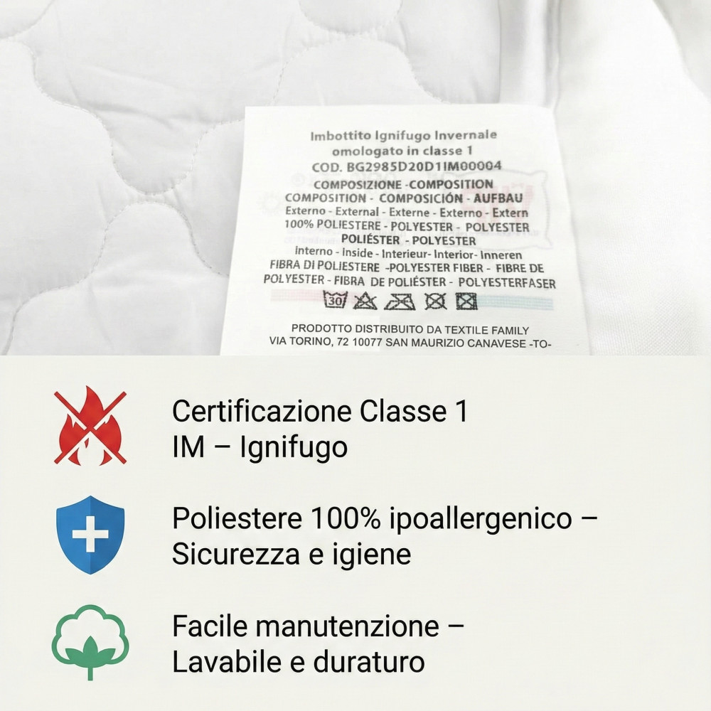 Piumino SINTETICO INVERNALE IGNIFUGO Antifiamma Made in Italy OMOLOGATO