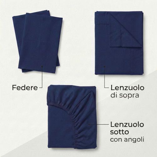 Set de Draps de Lit en Coton en couleur unie BLEU FONCÉ STRONG fabriqué en Italie