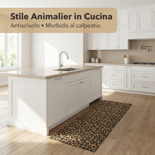 Tappeto Cucina Runner Leopardato Antiscivolo PVC 50 cm - Passatoia Tagliabile Made in Italy