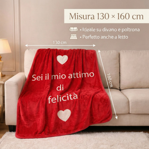 Plaid Caldo Felicità 130x160 cm - Flannel Pelliccia Rasata Rosso con Cuori, Idea Regalo San Valentino