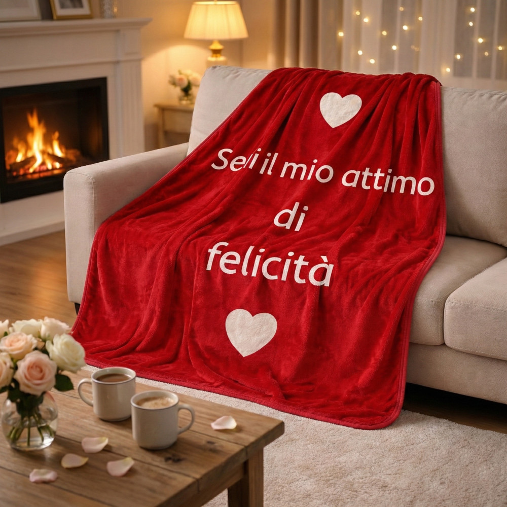Plaid Caldo Felicità 130x160 cm - Flannel Pelliccia Rasata Rosso con Cuori, Idea Regalo San Valentino