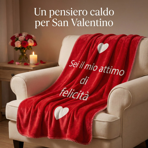 Plaid Caldo Felicità 130x160 cm - Flannel Pelliccia Rasata Rosso con Cuori, Idea Regalo San Valentino