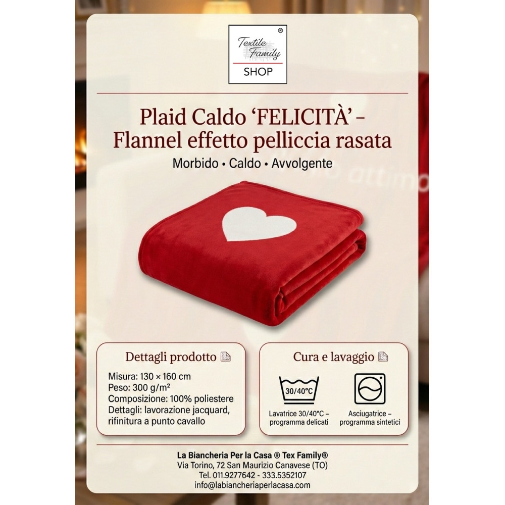 Plaid Caldo Felicità 130x160 cm - Flannel Pelliccia Rasata Rosso con Cuori, Idea Regalo San Valentino