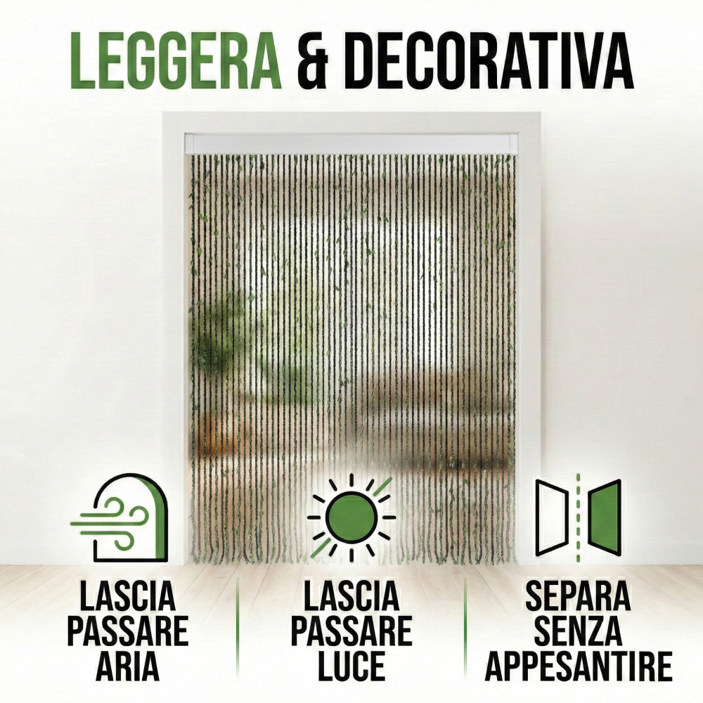 Tenda a Fili con Foglie Verdi per Porta e Finestra - Asta PVC e Fili Poliestere Decorativi