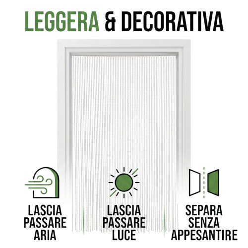 Tenda a Fili con Perline Bianche per Porta e Finestra – Asta PVC e Fili in Poliestere Decorativi
