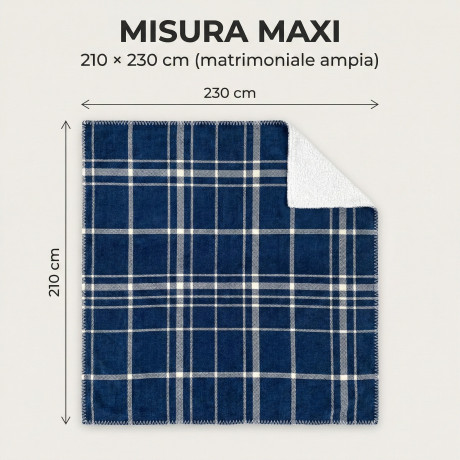 Plaid Coperta Scozzese Matrimoniale 210x230 - Doppio Lato Sherpa Agnello - Blu Bianco Morbido - Copriletto Plaid Divano