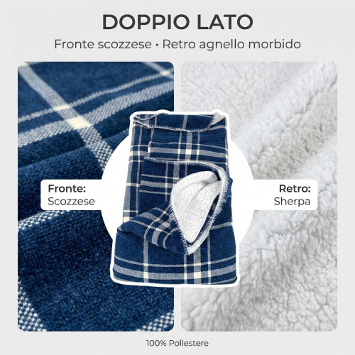 Plaid Coperta Scozzese Matrimoniale 210x230 - Doppio Lato Sherpa Agnello - Blu Bianco Morbido - Copriletto Plaid Divano