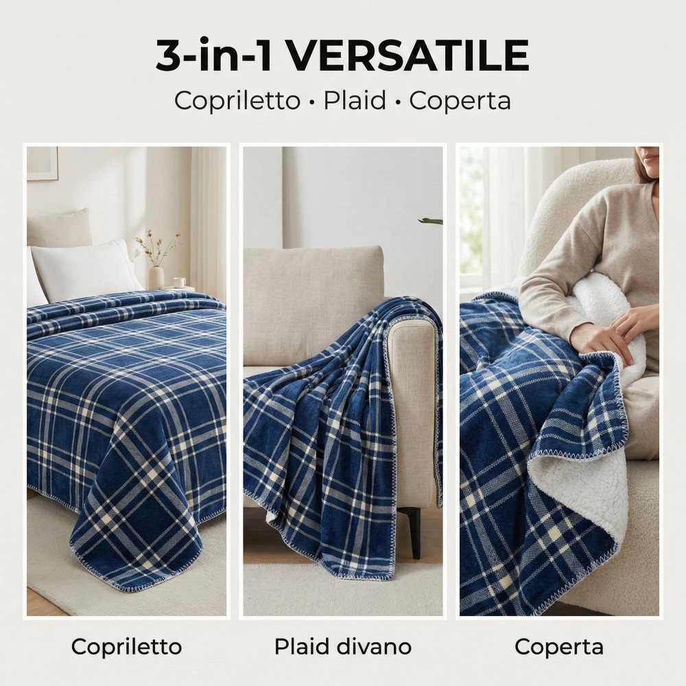 Plaid Coperta Scozzese Matrimoniale 210x230 - Doppio Lato Sherpa Agnello - Blu Bianco Morbido - Copriletto Plaid Divano