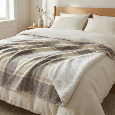 Plaid Coperta Scozzese Matrimoniale 210x230 - Doppio Lato Sherpa Agnello - Beige Tortora Morbido