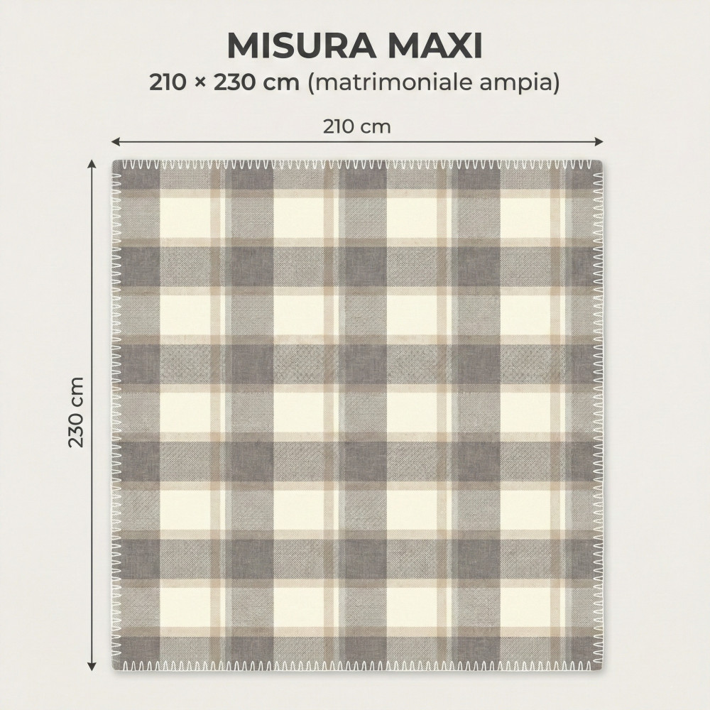 Plaid Coperta Scozzese Matrimoniale 210x230 - Doppio Lato Sherpa Agnello - Beige Tortora Morbido