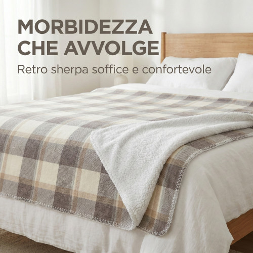 Plaid Coperta Scozzese Matrimoniale 210x230 - Doppio Lato Sherpa Agnello - Beige Tortora Morbido