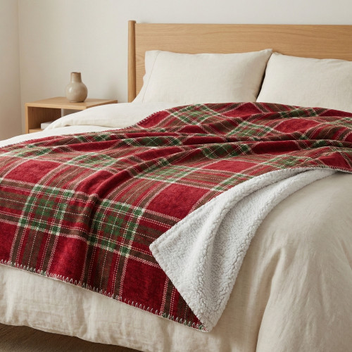 Plaid Double Scottish Blanket 210x230 - Double Side Sherpa Lamb - Red Green Soft