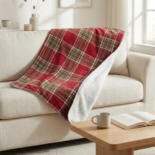 Plaid Double Scottish Blanket 210x230 - Double Side Sherpa Lamb - Red Green Soft