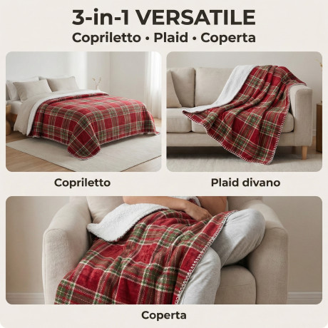 Plaid Double Scottish Blanket 210x230 – Doppelseitiges Sherpa-Lamm – Rot-Grün-Weich