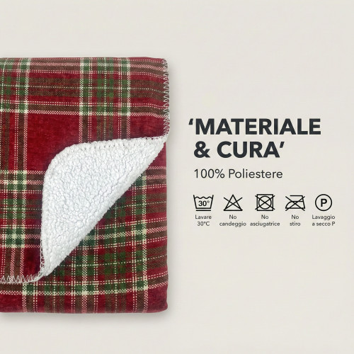 Plaid Coperta Scozzese Matrimoniale 210x230 - Doppio Lato Sherpa Agnello - Rosso Verde Morbido