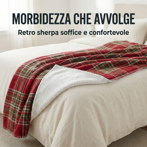 Plaid Coperta Scozzese Matrimoniale 210x230 - Doppio Lato Sherpa Agnello - Rosso Verde Morbido