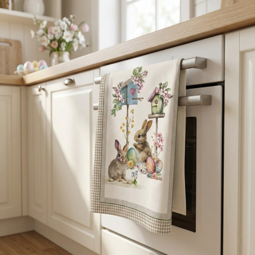 Strofinacci Cucina Pasquali Cotone Set 5 Pezzi 50x70 - Coniglietti e Uova - Made in Italy