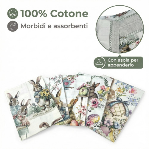 copy of Set de torchons de cuisine en coton 5 pièces 50x70 cm – Motifs floraux et chats – Fabriqué en Italie avec boutonnière