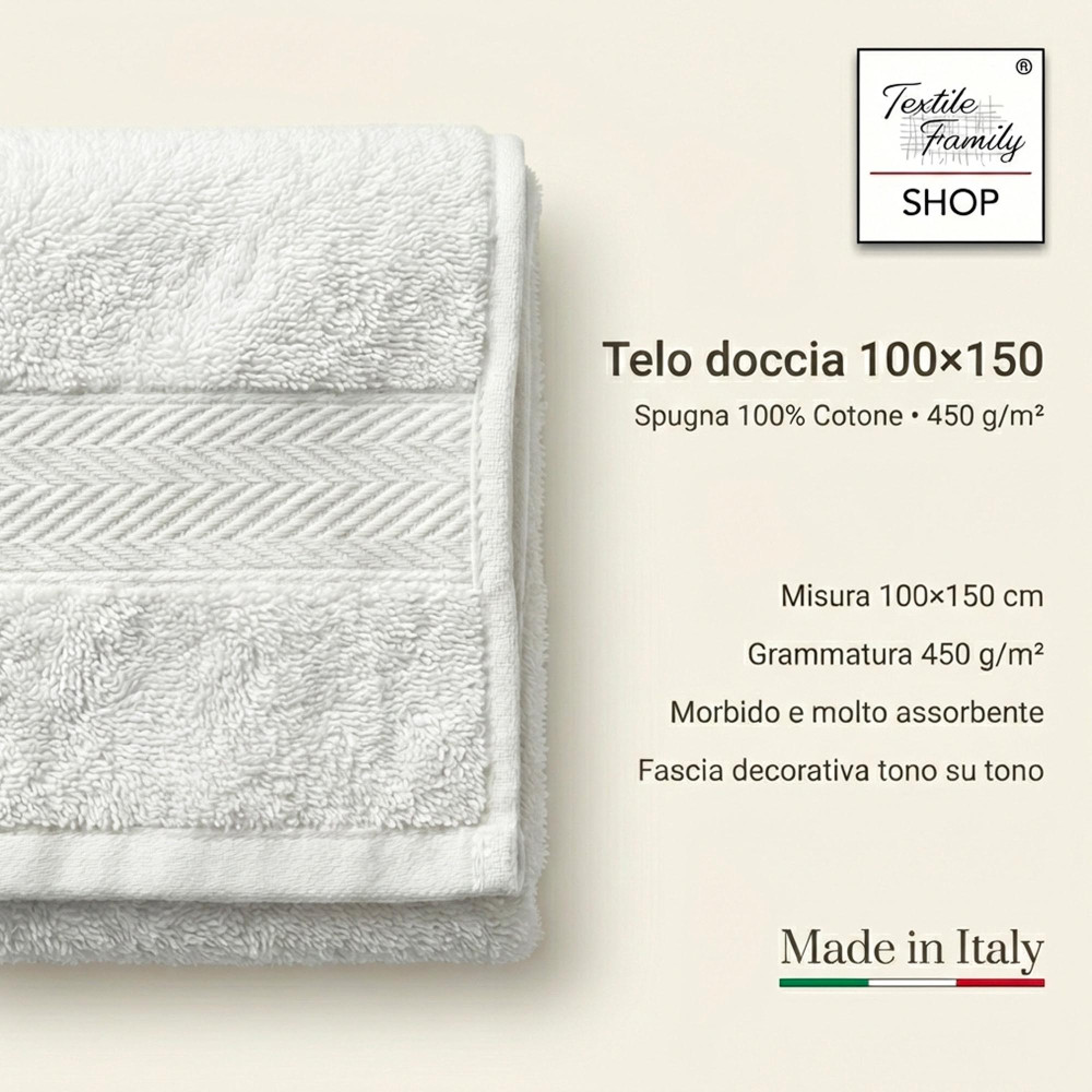 Telo Doccia Grisaglia 100x150 in Spugna 100% Cotone 450 g/m² Made in Italy