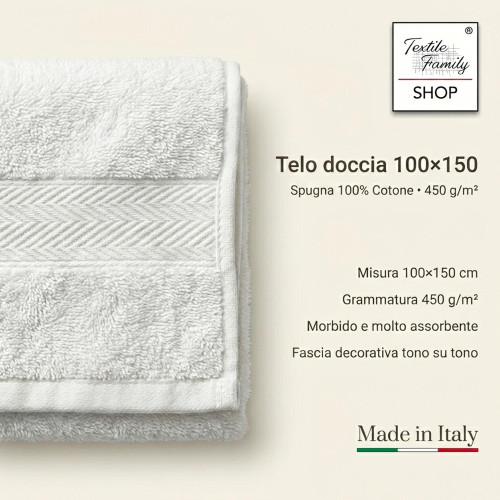 Telo Doccia Bianco 100x150 in Spugna 100% Cotone 450 g/m² Made in Italy
