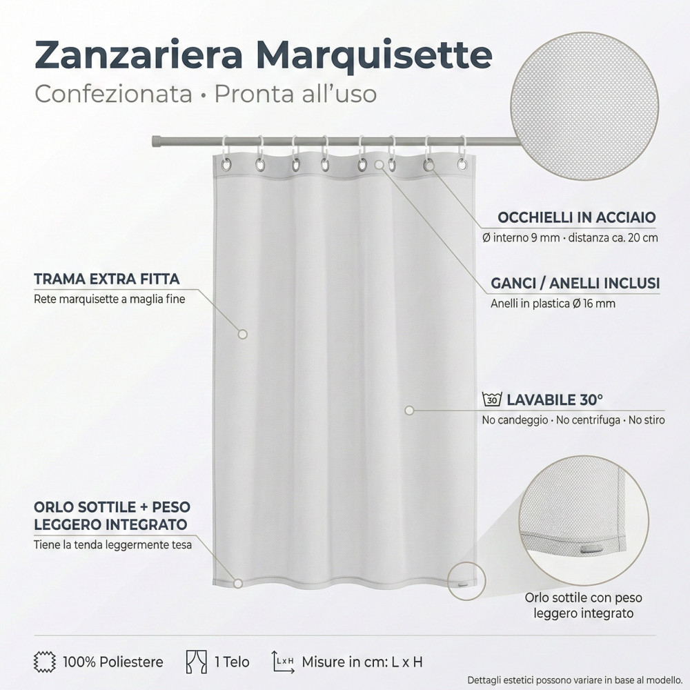 Tenda Zanzariera Marrone Unito - Rete Marquisette Fitta 100% Poliestere - Occhielli Acciaio, Pronta all'Uso, Made in Italy