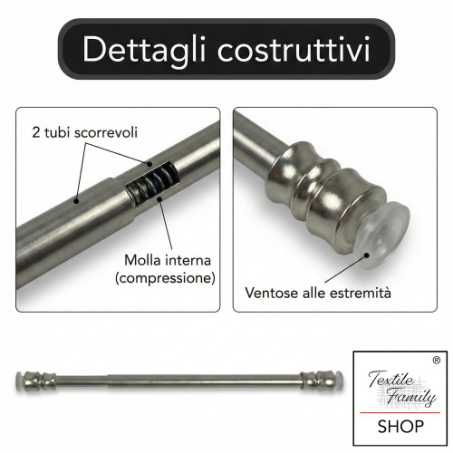 Coppia astine a pressione per tenda a vetro in ottone nichelato argento Tex, regolabili con ventose, Ø7/8 mm, Made in Italy