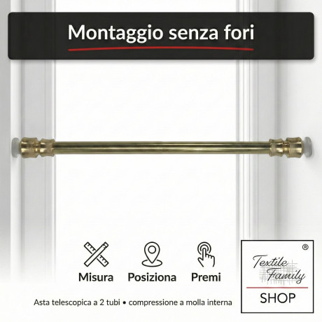 Coppia astine a pressione per tenda a vetro Ottone lucido oro Tex, regolabili con ventose, Ø7/8 mm, 4 misure, Made in Italy