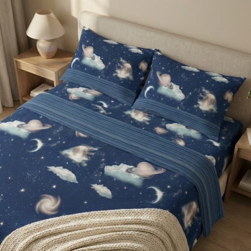 Blue Planets Design Sheets Set 100% Cotton, Space Bed Set with Underneath with Corners h25, Made in Italy