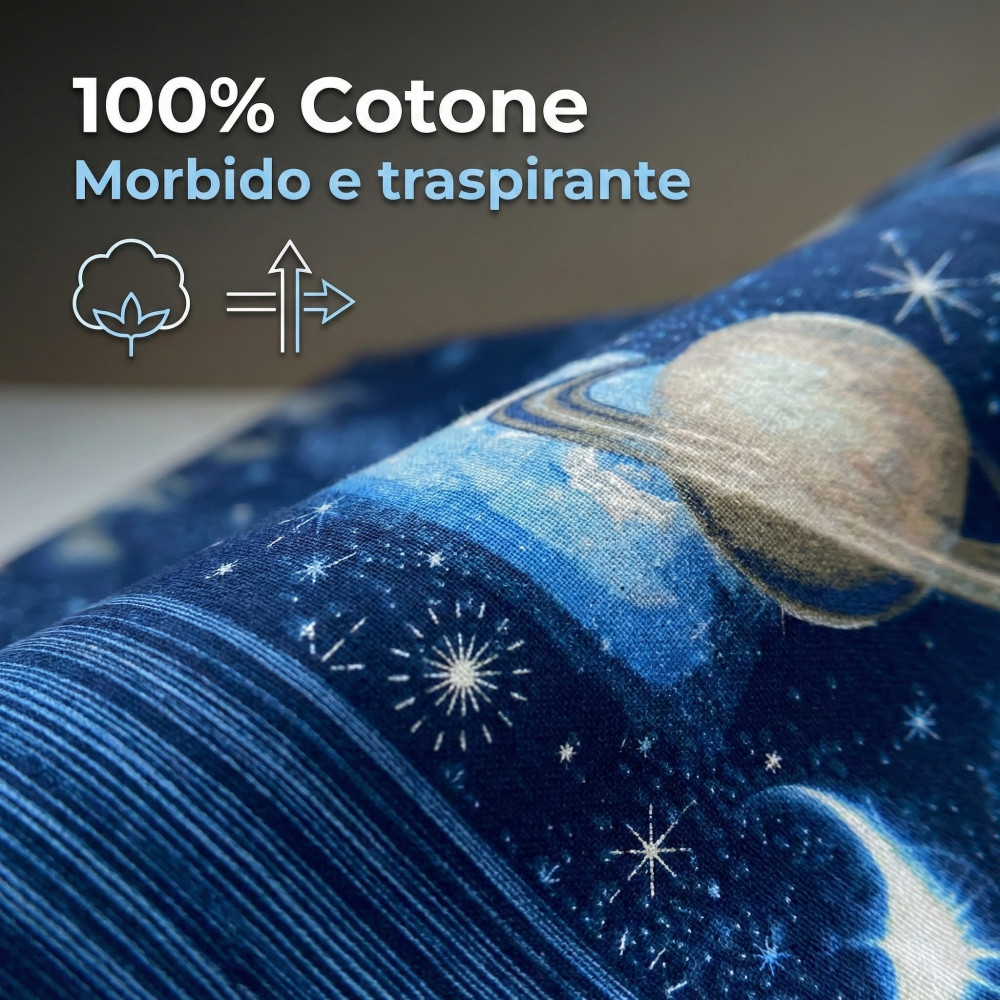 Blue Planets Design-Bettlaken mit 100% Baumwolle, Space-Bett-Set mit Untergrund und Ecken H25, hergestellt in Italien