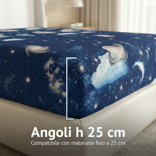 Blue Planets Design-Bettlaken mit 100% Baumwolle, Space-Bett-Set mit Untergrund und Ecken H25, hergestellt in Italien