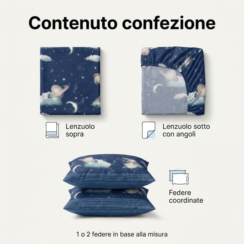 Blue Planets Design Sheets Set 100% Cotton, Space Bed Set with Underneath with Corners h25, Made in Italy