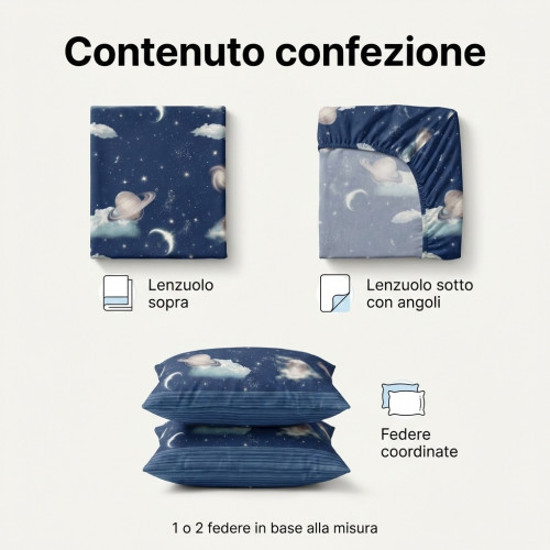Juego de sábanas Blue Planets Design 100% algodón, juego de cama espacial con debajo y esquinas h25, fabricado en Italia