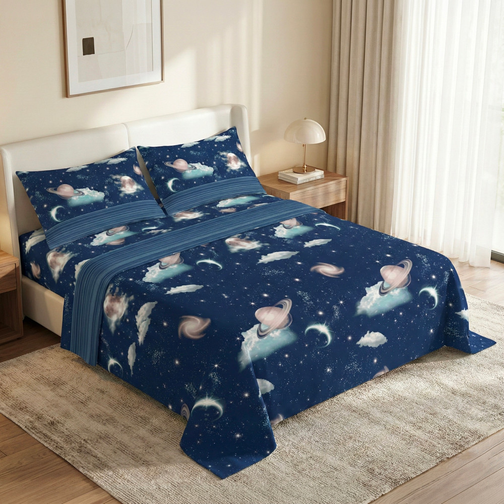 Blue Planets Design Sheets Set 100% Cotton, Space Bed Set with Underneath with Corners h25, Made in Italy