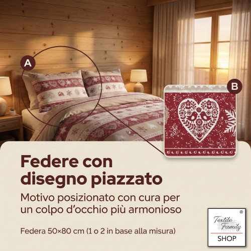 Couvre-couette Valbadia en coton rouge 100 % fabriqué en Italie – imprimé cœur et hutte, rotule 40 cm, taies d’oreiller à design