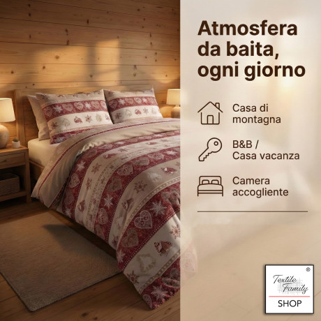 Couvre-couette Valbadia en coton rouge 100 % fabriqué en Italie – imprimé cœur et hutte, rotule 40 cm, taies d’oreiller à design