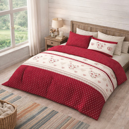 Ensemble de lit d’hiver Edelweiss Edelweiss Heart Duvet Cover Red 100 % Cotton - avec taies d’oreiller, boutons et rabat 40 cm