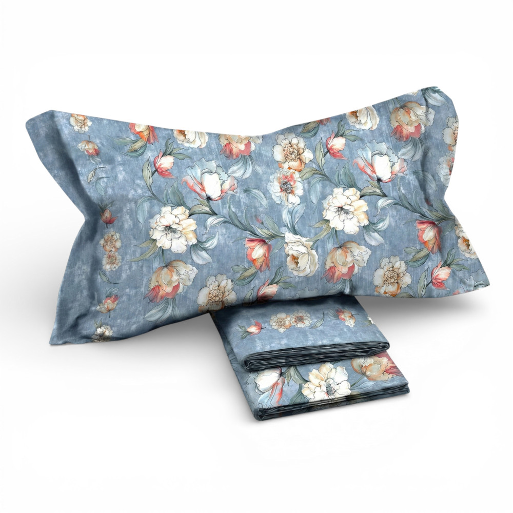Completo Lenzuola Matrimoniale MAXI Fior di Perla Azzurro 100% Cotone – Fantasia Floreale, Sotto con Angoli