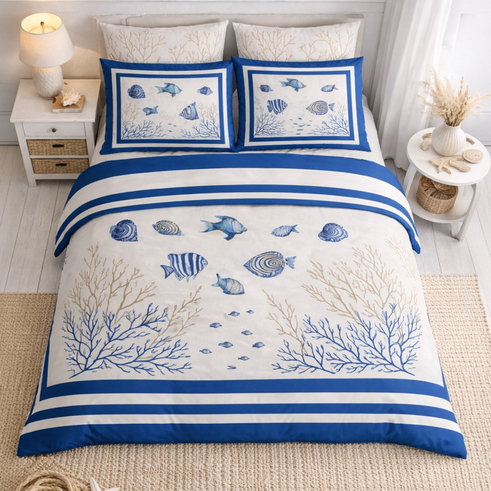 Set Lenzuolo Copriletto con Balza Matrimoniale 250x290 + 2 Federe 50x80, 100% Cotone, Fantasia Mare Blu