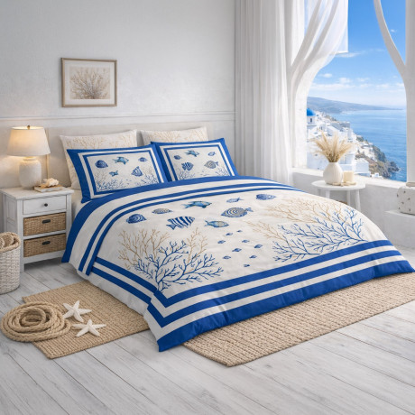 Set Lenzuolo Copriletto con Balza Matrimoniale 250x290 + 2 Federe 50x80, 100% Cotone, Fantasia Mare Blu