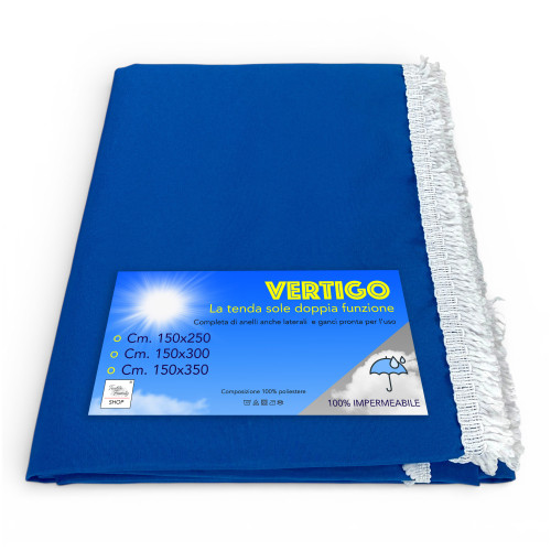Vertigo-Markise Tex Family schlichter blauer 100 % Polyester Wasserabweisender Garn gefärbte Ösen mit Stahlfransen