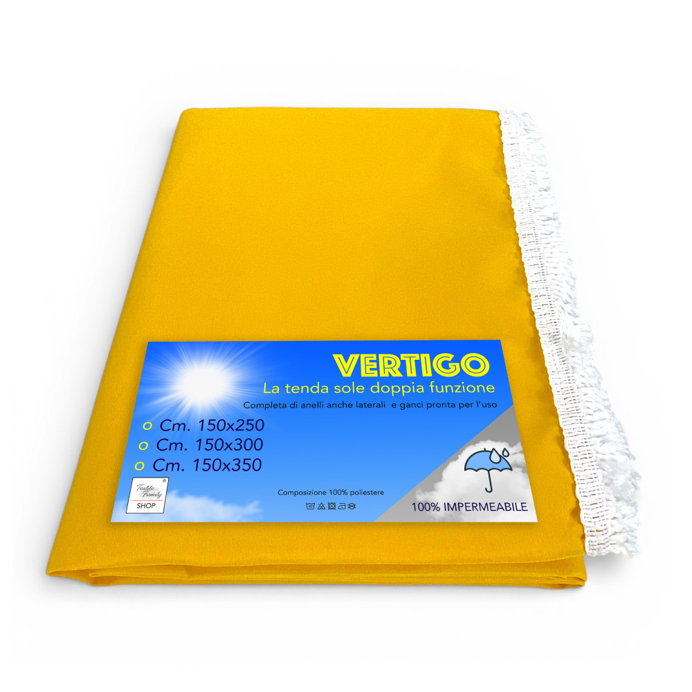 Auvent Vertigo Tex Family fil jaune uni imperméable 100 % polyester résistant à l’eau, œillets teints, frange en acier