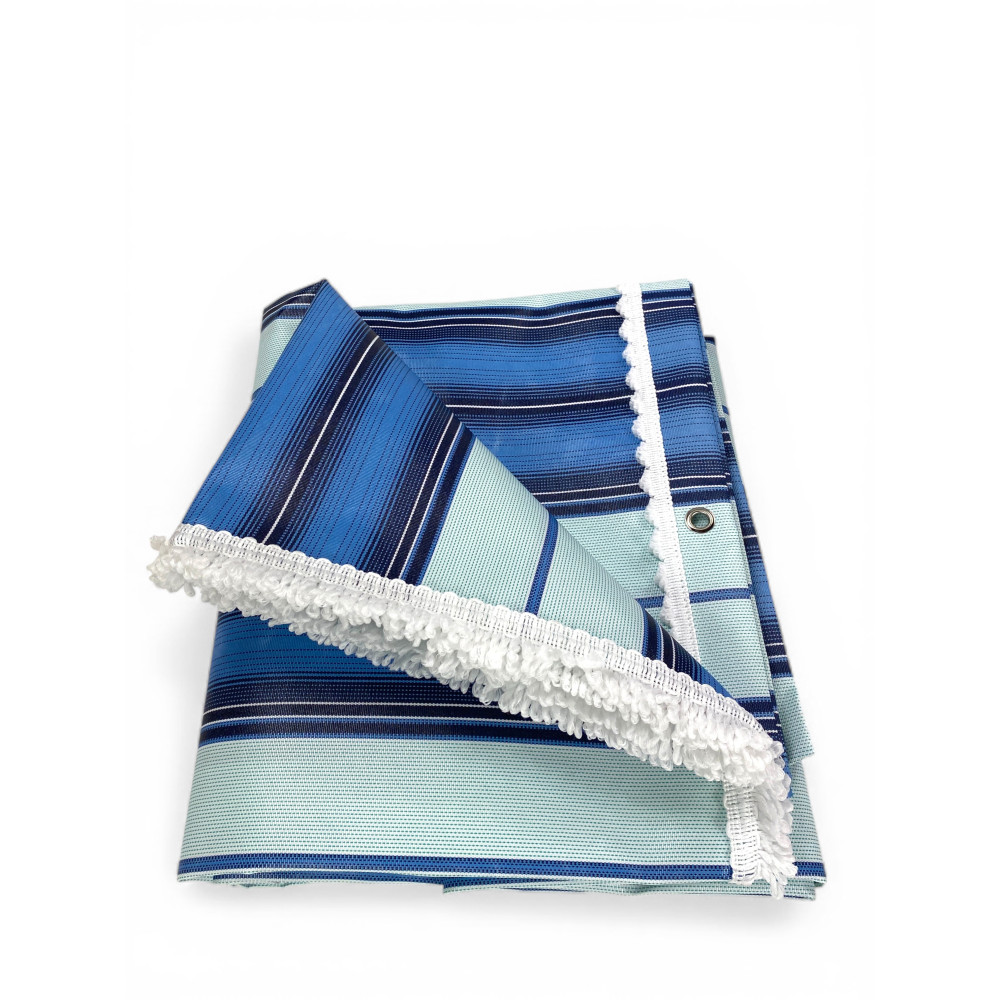 Vertigo Awning Tex Family Stripe Blue 100% Polyester Waterproof Water Repellent Yarn Dyed Eyelets Steel Fringe