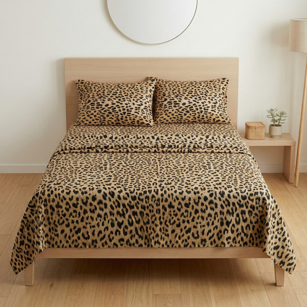 Ensemble de draps Safari Leopard 100 % coton fabriqué en Italie – ci-dessous avec des coins H 25 cm
