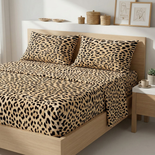 Ensemble de draps Safari Leopard 100 % coton fabriqué en Italie – ci-dessous avec des coins H 25 cm