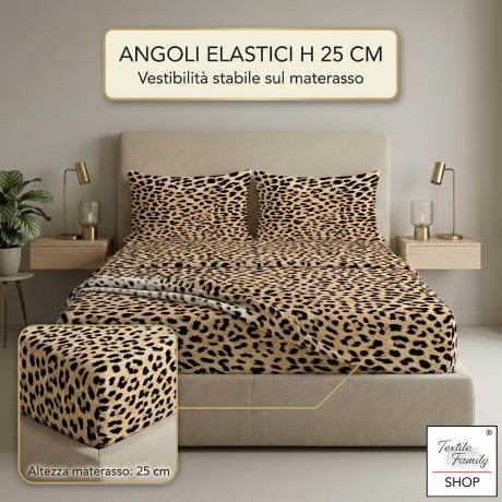 Completo Lenzuola Letto Safari Leopardato 100% Cotone Made in Italy – Sotto con Angoli H 25 cm