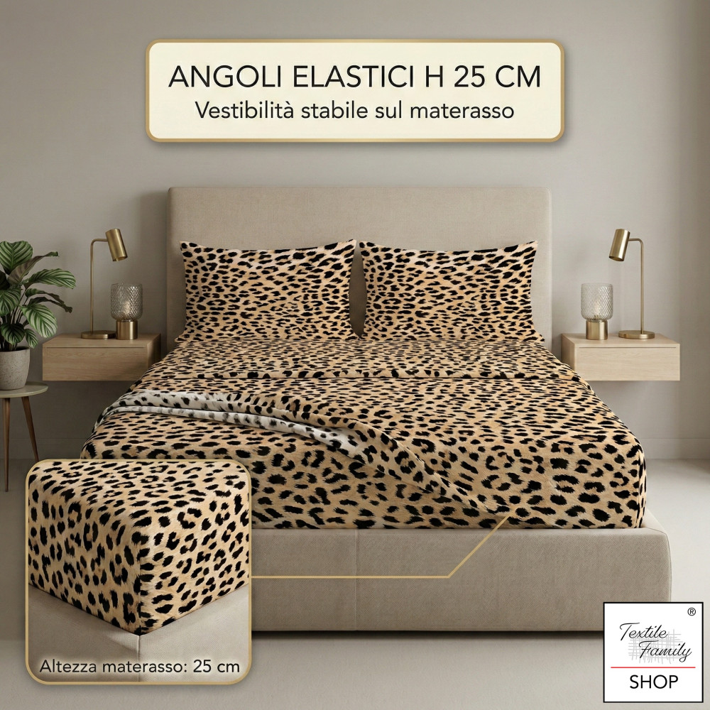 Completo Lenzuola Letto Safari Leopardato 100% Cotone Made in Italy – Sotto con Angoli H 25 cm