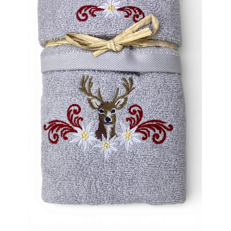 Set Asciugamani Tirolese Cervo e Stelle Alpine Grigio Chiaro - Tirolo - Spugna 100% Cotone - Ricamo Made in Italy